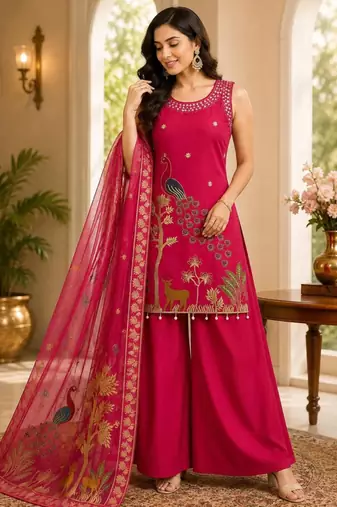 Rani-pink silk blend embroidered palazzo set