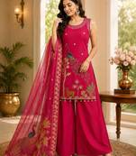 Rani-pink silk blend embroidered palazzo set
