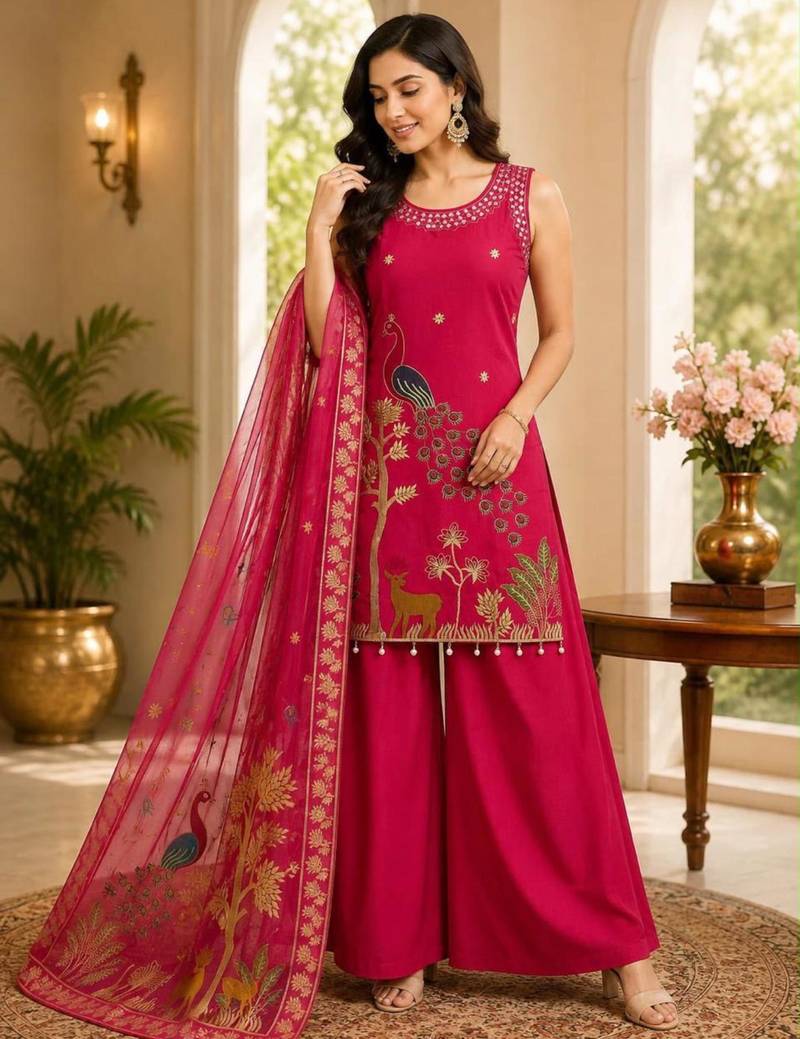 Rani-pink silk blend embroidered palazzo set