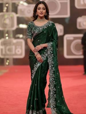 green jimmy choo embroidered embellished havy work wedding wear saree 2
