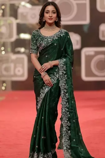 green jimmy choo embroidered embellished havy work wedding wear saree