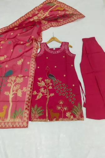 Rani-pink silk blend embroidered palazzo set