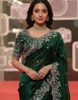 green jimmy choo embroidered embellished havy work wedding wear saree 3