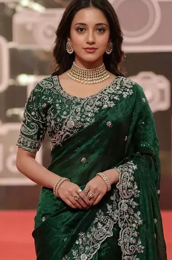 green jimmy choo embroidered embellished havy work wedding wear saree
