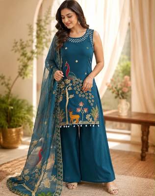 Dark-blue silk blend embroidered palazzo set 1