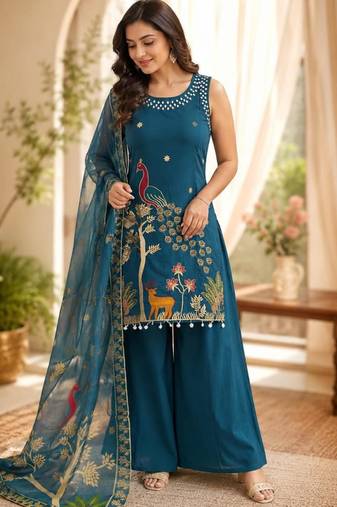 Dark-blue silk blend embroidered palazzo set