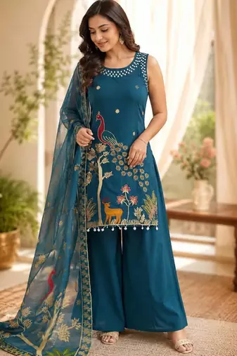 Dark-blue silk blend embroidered palazzo set