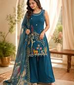 Dark-blue silk blend embroidered palazzo set