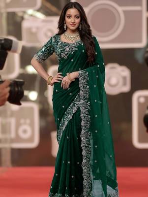 green jimmy choo embroidered embellished havy work wedding wear saree 4