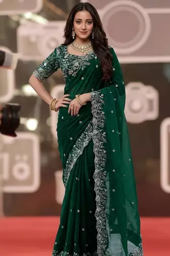 green jimmy choo embroidered embellished havy work wedding wear saree