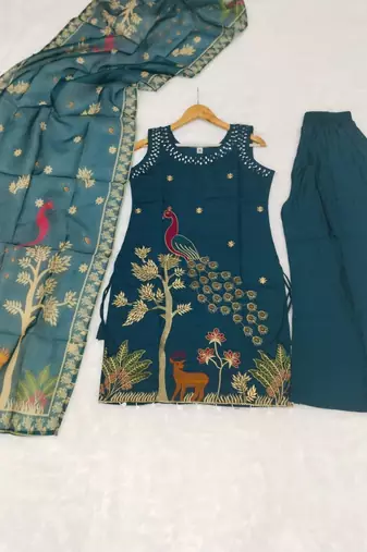 Dark-blue silk blend embroidered palazzo set