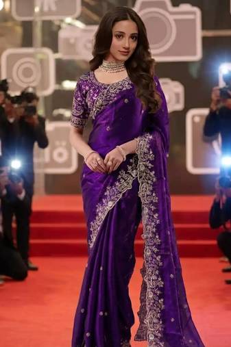 purple jimmy choo embroidered embellished havy work wedding wear saree