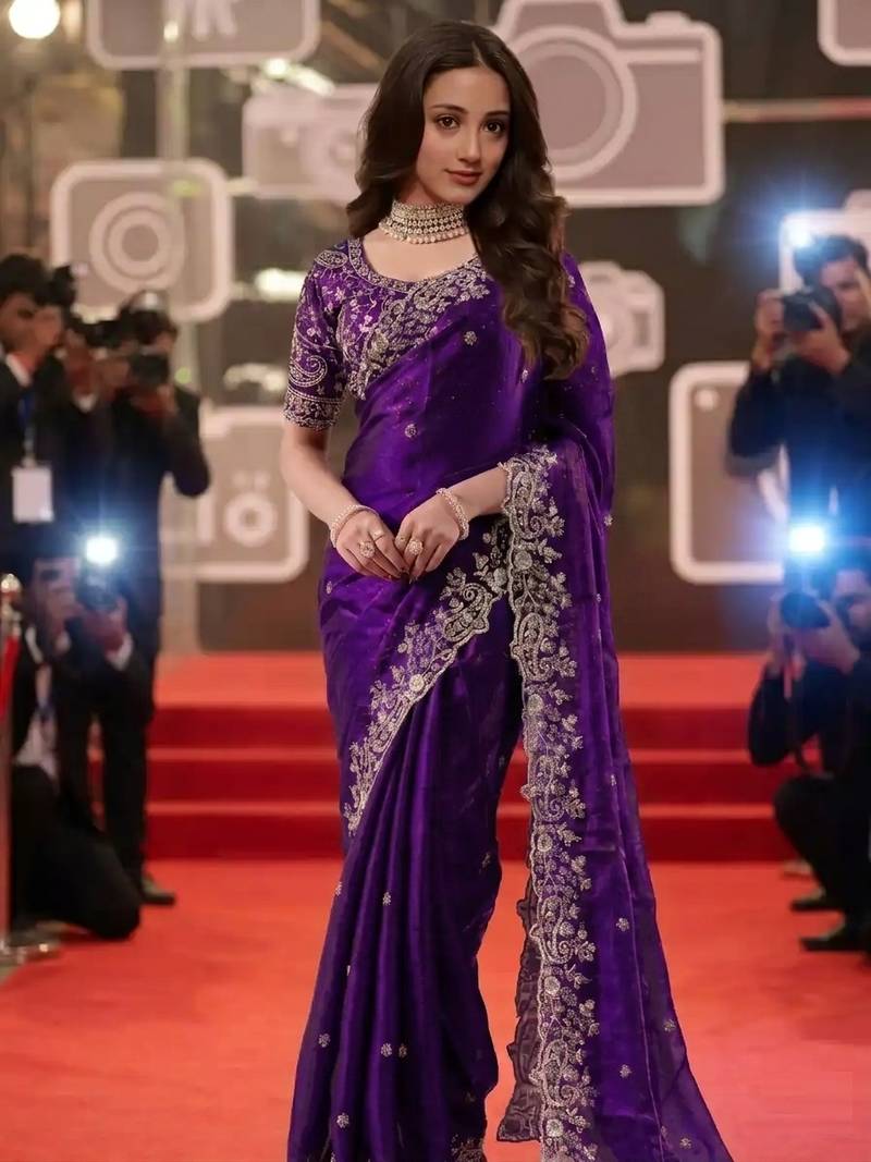 purple jimmy choo embroidered embellished havy work wedding wear saree