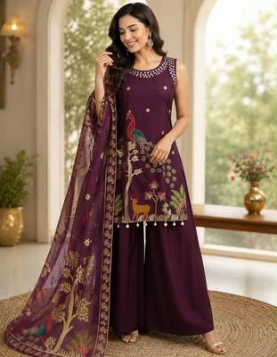 Plum silk blend embroidered palazzo set 1