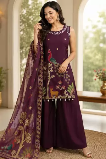 Plum silk blend embroidered palazzo set