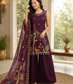 Plum silk blend embroidered palazzo set