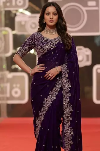 purple jimmy choo embroidered embellished havy work wedding wear saree