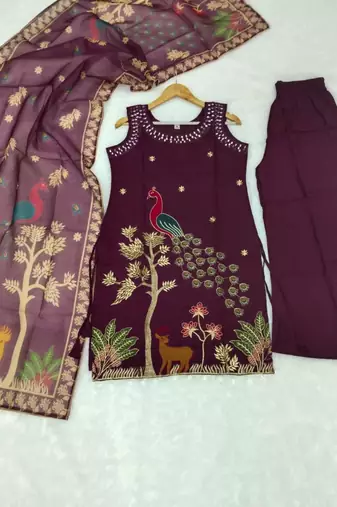 Plum silk blend embroidered palazzo set