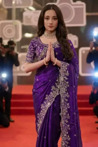 purple jimmy choo embroidered embellished havy work wedding wear saree