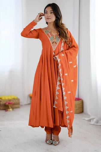Orange silk blend embroidered flared gown set