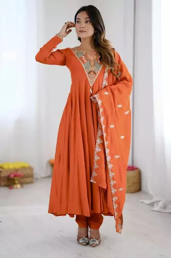 Orange silk blend embroidered flared gown set