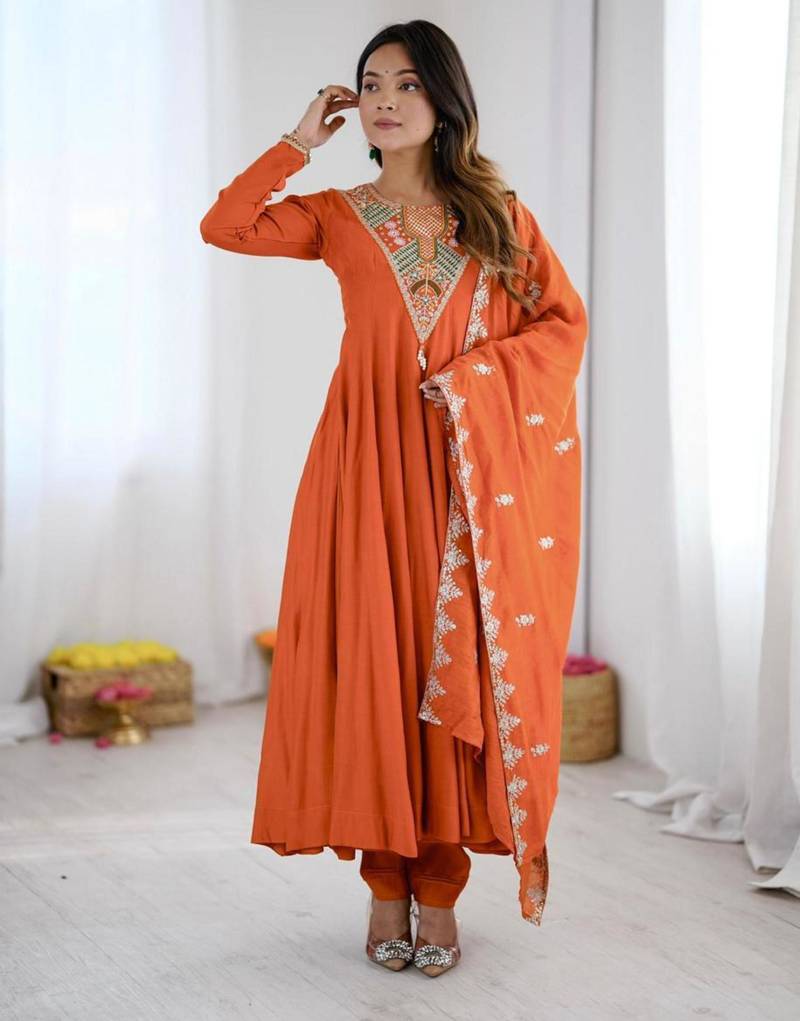 Orange silk blend embroidered flared gown set