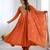 Orange silk blend embroidered flared gown set