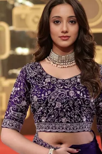 purple jimmy choo embroidered embellished havy work wedding wear saree