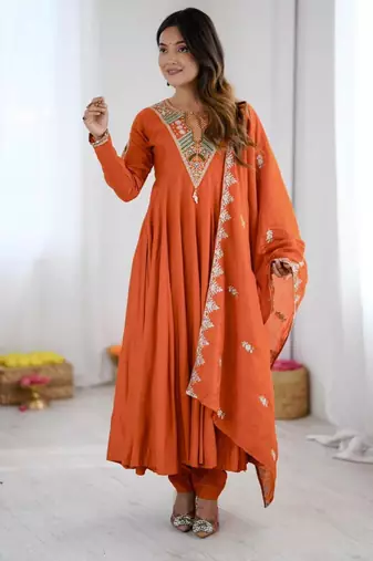 Orange silk blend embroidered flared gown set