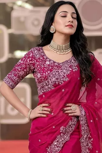 pink jimmy choo embroidered embellished havy work wedding wear saree