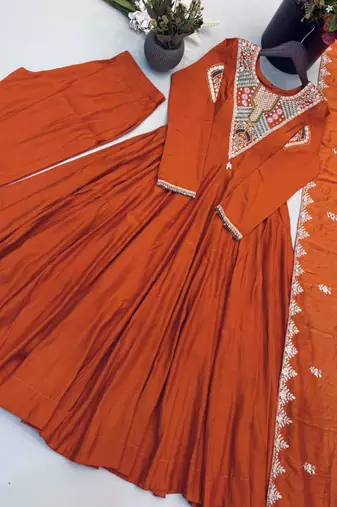 Orange silk blend embroidered flared gown set