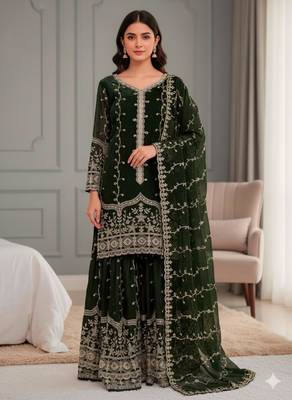 Dark-green silk blend embroidered palazzo set 1