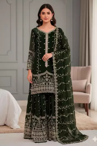 Dark-green silk blend embroidered palazzo set