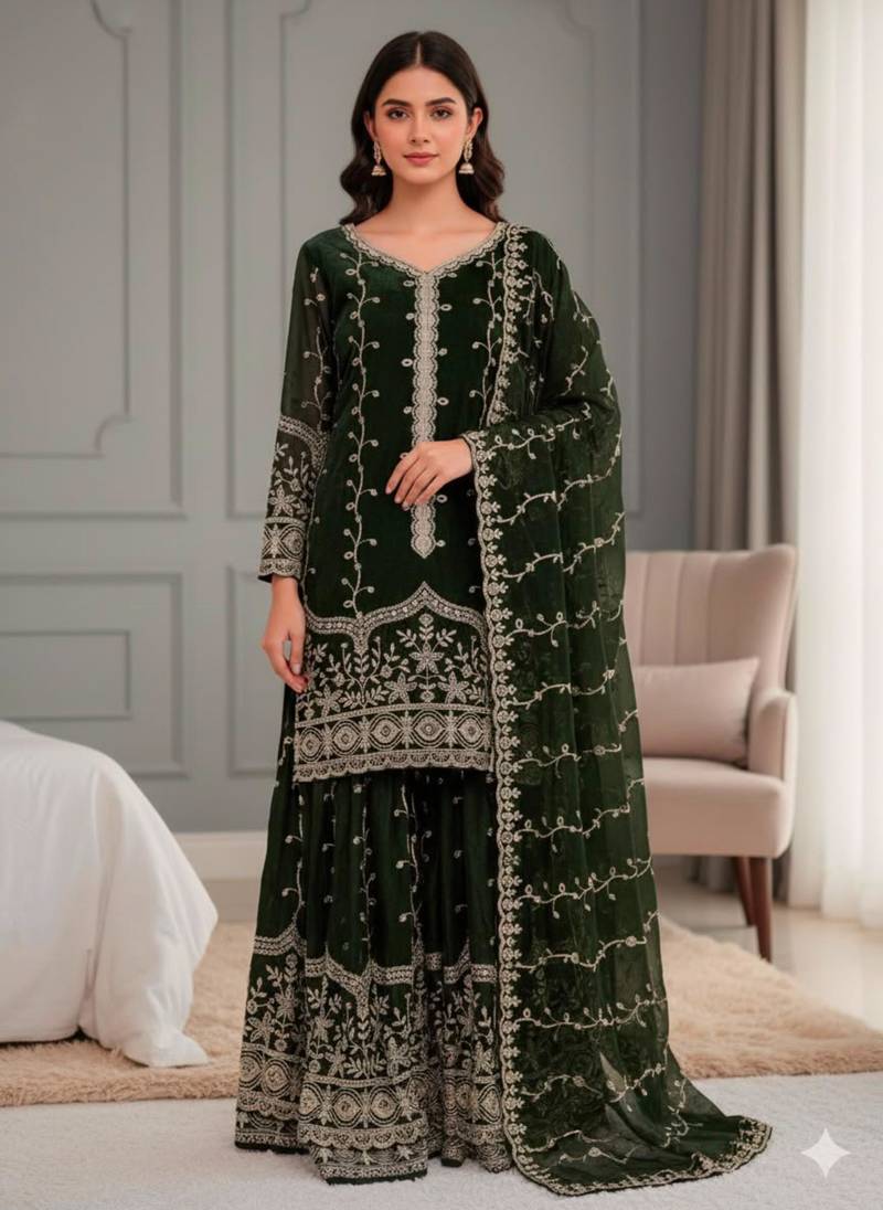 Dark-green silk blend embroidered palazzo set