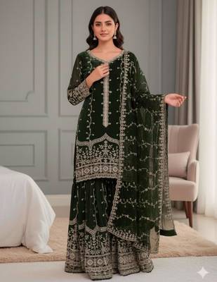 Dark-green silk blend embroidered palazzo set 2