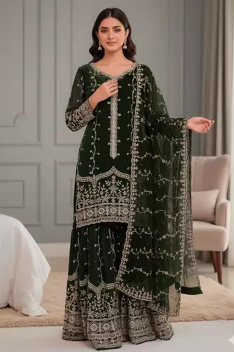 Dark-green silk blend embroidered palazzo set
