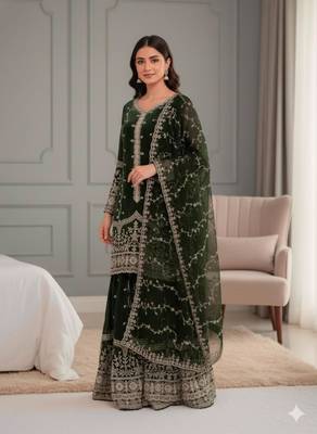 Dark-green silk blend embroidered palazzo set 3