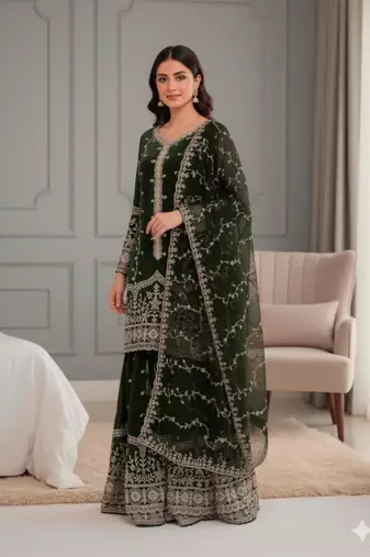 Dark-green silk blend embroidered palazzo set