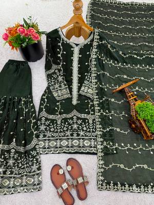 Dark-green silk blend embroidered palazzo set 4