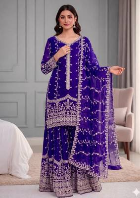 Royal-blue silk blend embroidered palazzo set 1