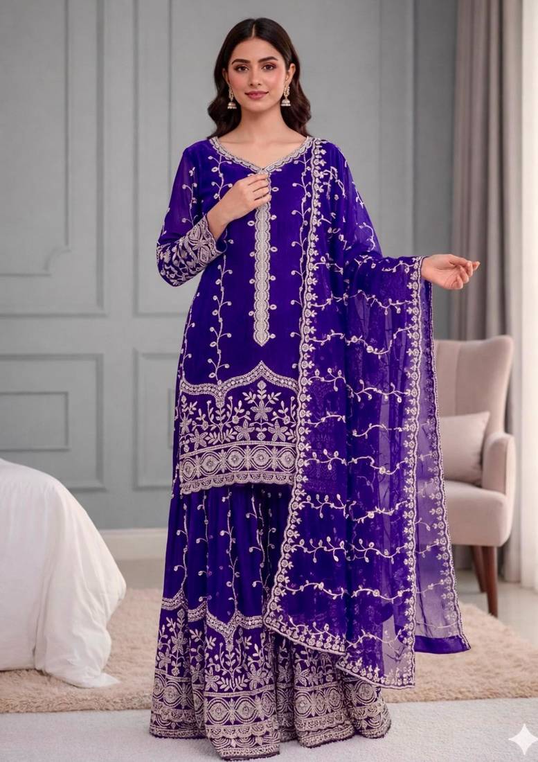 Royal-blue silk blend embroidered palazzo set
