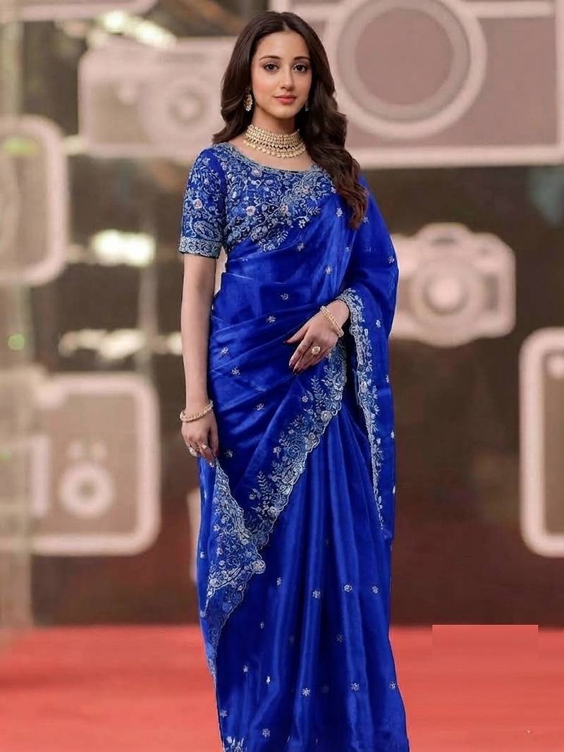 royal blue jimmy choo embroidered embellished havy work wedding wear saree