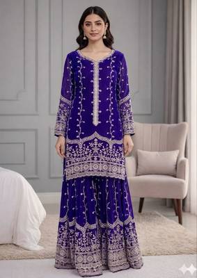 Royal-blue silk blend embroidered palazzo set 2