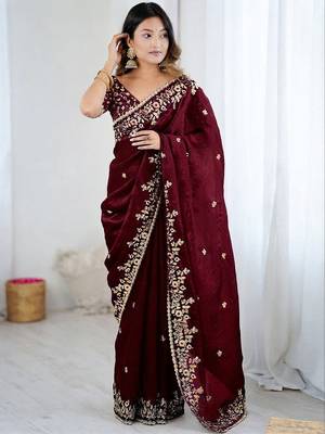 Maroon jimmy choo zari butti work embellished wedding wear saree 1