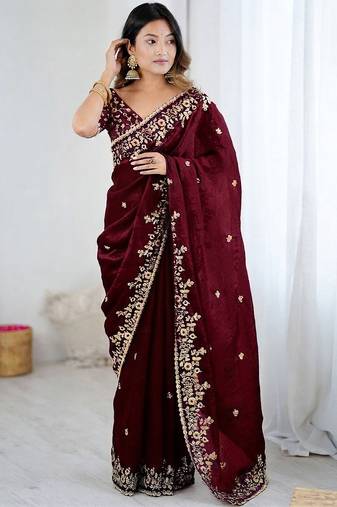 Maroon jimmy choo zari butti work embellished wedding wear saree