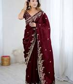 Maroon jimmy choo zari butti work embellished wedding wear saree