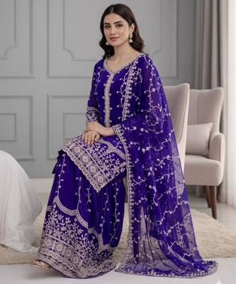 Royal-blue silk blend embroidered palazzo set 3