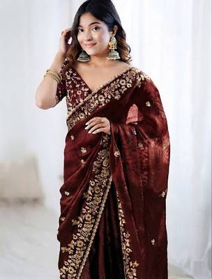 Maroon jimmy choo zari butti work embellished wedding wear saree 3