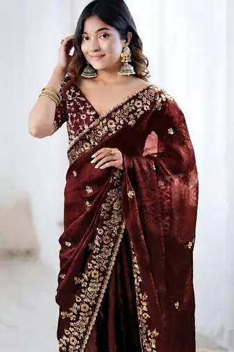 Maroon jimmy choo zari butti work embellished wedding wear saree