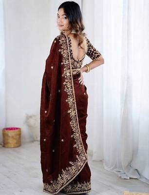 Maroon jimmy choo zari butti work embellished wedding wear saree 4